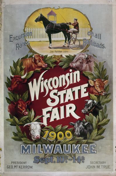 A poster of a wreath decorated with cattle images instead of flowers, which advertises the 1900 Wisconsin State Fair.