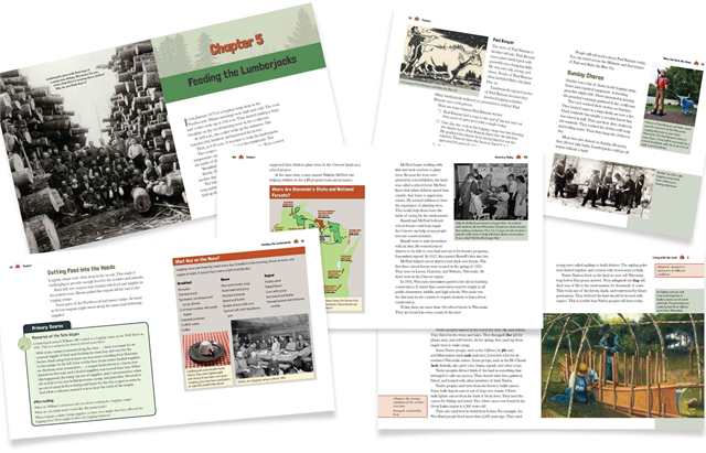 The internal pages highlight life in lumber camps with photos, stories of Paul Bunyan, and daily chores like meal prep. A mix of historical images, menus, and maps bring the Northwoods logging culture to life, blending history with engaging visuals.