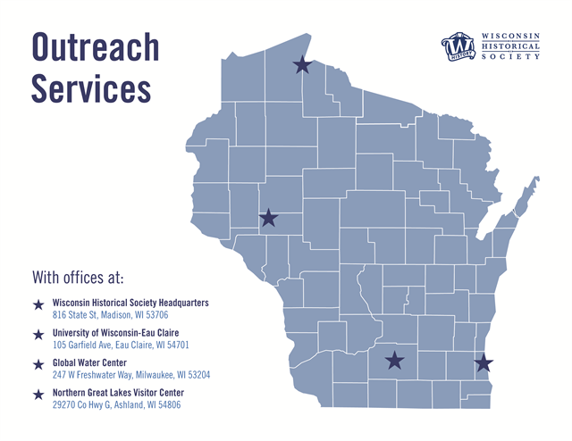 Map of the state of Wisconsin with stars representing outreach offices in Madison, Ashland, Eau Claire, and Milwaukee