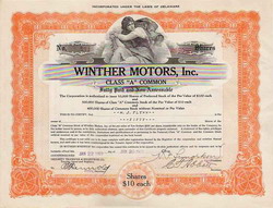 Orange stock certificate for Winther Motors, Inc. Class 'A' Common.
