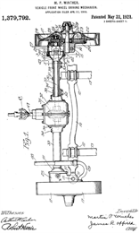 Technical drawing of a front wheel driving mechanism motor part with patent number and signatures.