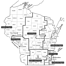 Map showing 7 regions of Wisconsin for National History Day competitions: Central, Northeastern, Northwestern, South Central, Southeastern, Eastern and Western regions.