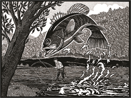 A bass arces into the open as a fisherman in waders reels in his catch in this pen-and-ink drawing by Madison artist Sid Boyum