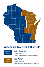 A map of Wisconsin showing eastern and western districts for historic tax credit reviewers