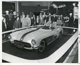 The first Miss Road America, Beverly Jo Springer behind the wheel of the 1957 Corvette Super Sport concept car at the National Automobile Show at the New York Coliseum, January 1957.
