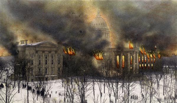 Flames shooting out of the Wisconsin State Capitol in 1904.