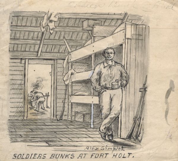 The drawing is of a soldier holding a cup, standing next to his bunk at Fort Holt. Civil War firearms are in the closet on the right. Another man is working in the background (seen through an open doorway of the room.)