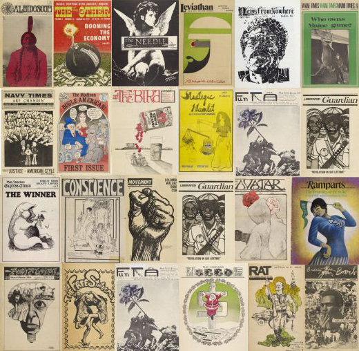 A collage of underground newspaper covers