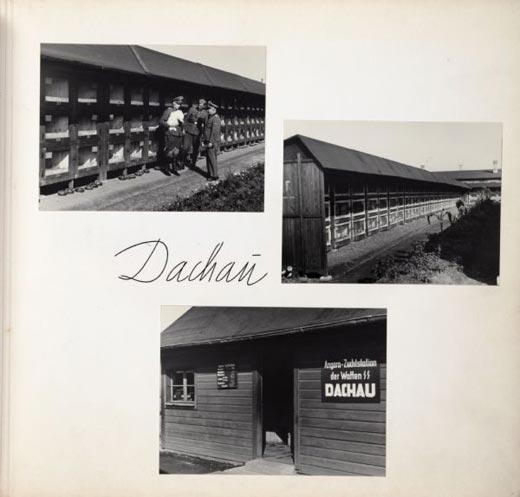 Three photographs of rabbit hutches at Dachau concentration camp in Germany in 1943.