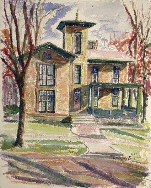 A watercolor drawing of the Bashford house at 423 North Pinckney Avenue.