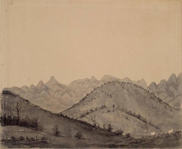 The Black Hills sketched by Wilkins on his 151-day journey from Missouri to California on the Overland Trail (also known as the Oregon Trail).