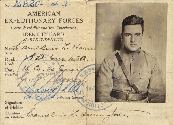 Neal Harrington was assigned to the American Expeditionary Forces in October 1918. He was sent to France with the 20th Engineering Corp as a 2nd lieutenant. On the way to France he survived the February 1918 bombing and sinking of the Tuscania.