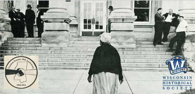 Photograph of a woman approaching a courthouse with superimposed Freedom Summer logo