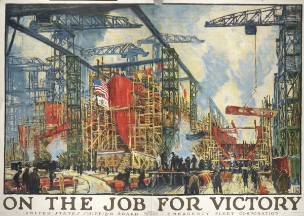 Poster featuring an illustration of the inside of a shipping manufacturer, with men working near a ship in drydock.