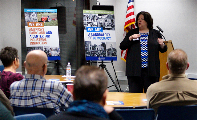 Alicia Goehring, Director of Special Projects for the Wisconsin Historical Society, leads the "Share Your Voice" session at the Wisconsin Maritime Museum in Manitowoc on Nov. 8, 2018.