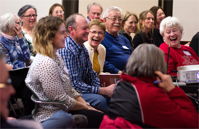 Guests enjoy a laugh while having a discussion during the Wisconsin Historical Society's "Share Your Voice" new museum session Feb. 11 at the Wisconsin Maritime Museum in Mauston.