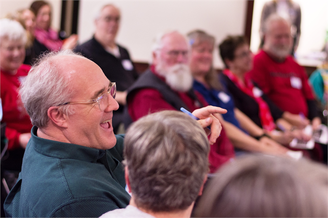 Guests enjoy a laugh while discussing ideas during the Society's "Share Your Voice" new museum engagement session Feb. 11 in Mauston.