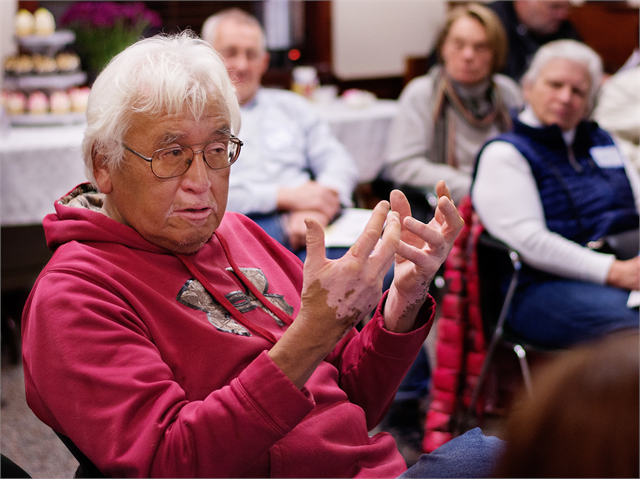 A guest makes his point while discussing an idea during the Wisconsin Historical Society's "Share Your Voice" new museum session Feb. 11 at the Hatch Public Library in Mauston.