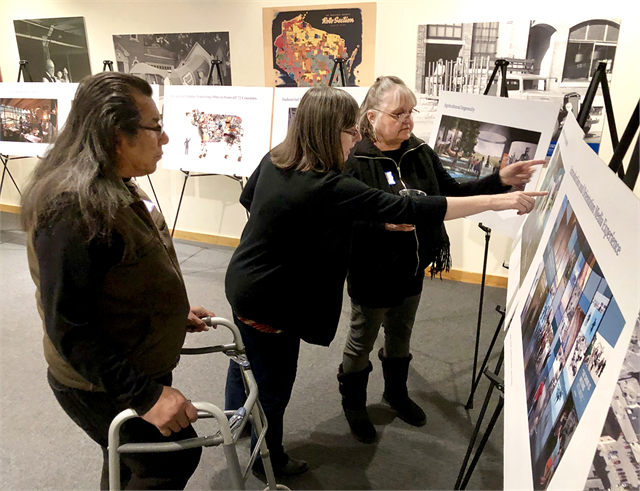 Guests discuss new museum exhibit design concept renderings during the Society's "Share Your Voice" American Indian Engagement Session Feb. 19, 2019 at the Wisconsin Historical Museum in Madison.