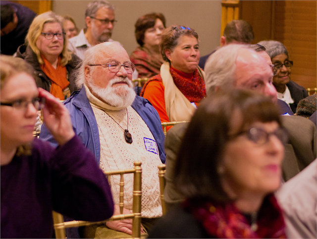 Guests listen during a discussion at the Wisconsin Historical Society's "Share Your Voice" new museum engagement session March 13, 2019 in Waukesha.