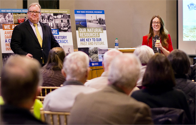 Society Director Christian Øverland, left, and Bonnie Byrd, Executive Director for the Waukesha County Historical Society & Museum, lead a discussion at the "Share Your Voice" new museum session on March 13, 2019 in Waukesha.
