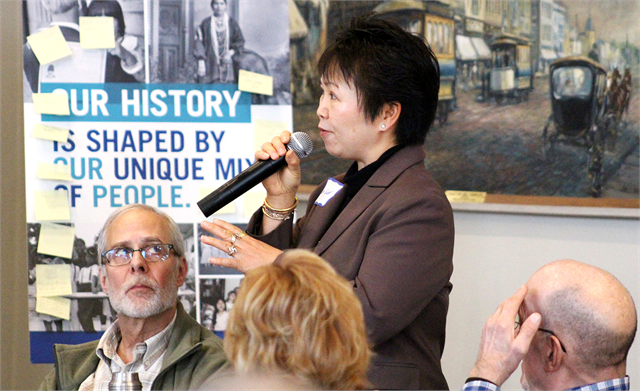 A guest shares her thoughts during a discussion at the Wisconsin Historical Society's "Share Your Voice" new museum listening session March 13, 2019 at the Appleton’s History Museum at the Castle.