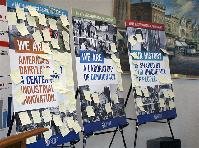 Post-It notes with suggestions from Appleton guests fill three of the "What Makes Wisconsin, Wisconsin?" theme boards at the Wisconsin Historical Society's "Share Your Voice" new museum listening session on March 13, 2019.