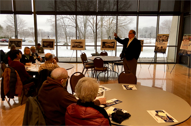 Christian Øverland, the Ruth and Hartley Barker Director of the Wisconsin Historical Society, welcomes guests to the "Share Your Voice" new museum listening session at the Warner Park Community Recreation Center on Madison's North Side.