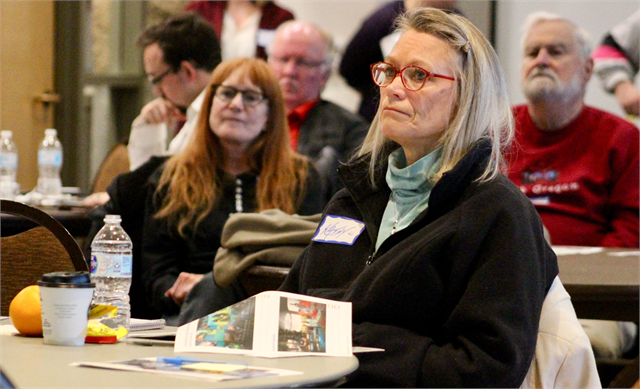A woman listens to a discussion during the Wisconsin Historical Society's "Share Your Voice" new museum listening session April 10, 2019 at the Warner Park Community Recreation Center in Madison.