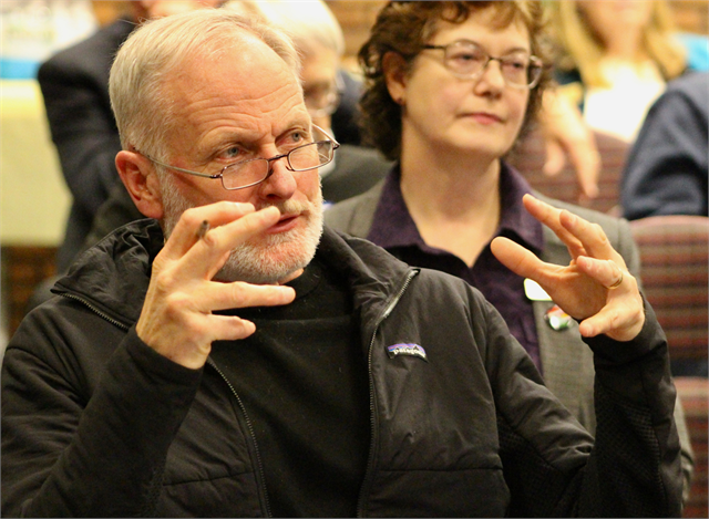 A guest makes his point while discussing an idea during the Wisconsin Historical Society's "Share Your Voice" new museum session in La Crosse.