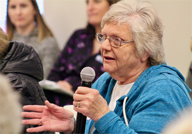 A woman shares her thoughts about plans for a new museum during the Wisconsin Historical Society's "Share Your Voice" session May 2, 2019 at the Platteville Public Library.