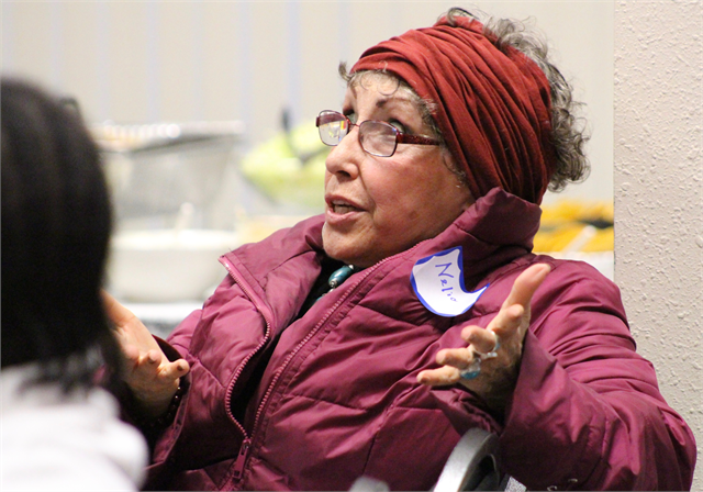 A woman shares a comment during the May 8, 2019 "Share Your Voice" new museum multicultural listening session at the Latino Chamber of Commerce of Dane County in Fitchburg.