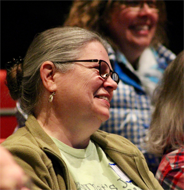 A woman enjoys a laugh during a discussion of favorite museum experiences at the Wisconsin Historical Society's "Share Your Voice" new museum listening session May 9, 2019 in Hudson.