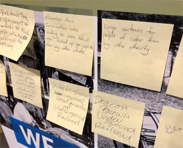 Guests' Post-It notes revealing some of the ideas they offered that would help tell the story of African Americans in Milwaukee and Wisconsin are seen on theme boards during the "Share Your Voice" multicultural listening session.
