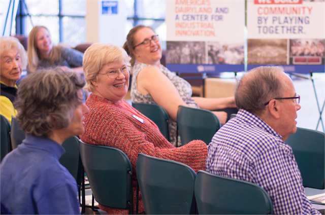 Guests enjoy a laugh during the Wisconsin Historical Society's "Share Your Voice" new museum listening session May 23, 2019 at the Racine Public Library.