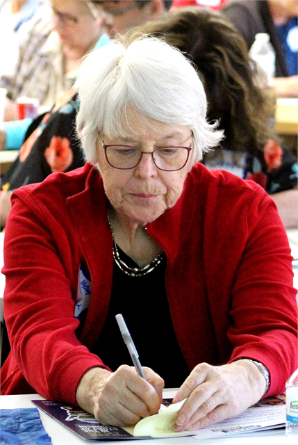 Mary Metzger writes down her ideas for new museum topics on Post-It notes during the Wisconsin Historical Society's "Share Your Voice" listening session May 29, 2019 at the Cameron Senior Center.