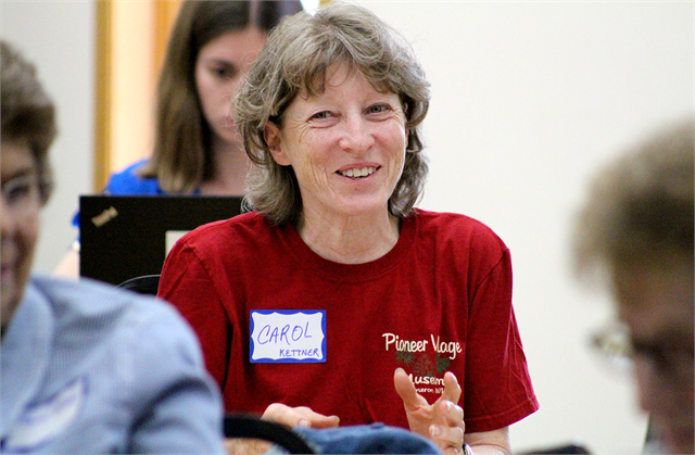 Carol Kettner is all smiles as she shares an idea at the Wisconsin Historical Society's new museum listening session for Barron County residents May 29, 2019 at the Cameron Senior Center.
