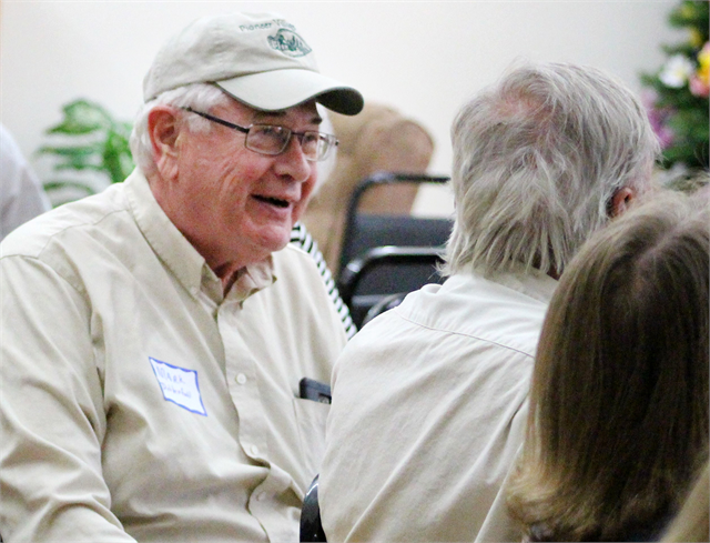 Mark Dobberfuhl has a laugh with other guests at the Wisconsin Historical Society's "Share Your Voice" new museum listening session for Barron County residents May 29, 2019 at the Cameron Senior Center.