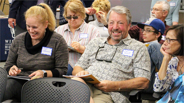 Craig Root, right, and Tobi Johannsen enjoy a laugh as they think of ideas to write down May 30, 2019 during the Wisconsin Historical Society's "Share Your Voice" new museum listening session in Eagle River.