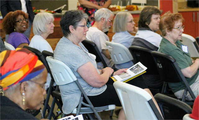 Guests discuss concept exhibit designs for a new state history museum during the Wisconsin Historical Society's "Share Your Voice" listening session June 8, 2019 at the Badger Rock Neighborhood Center on the South Side of Madison.