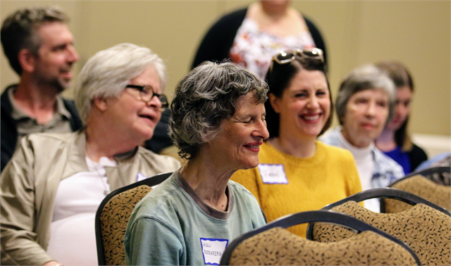 Guests enjoy a laugh as Holli Rosenberg shares a funny story during the Wisconsin Historical Society's "Share Your Voice" new museum listening session June 18, 2019 in Whitefish Bay.