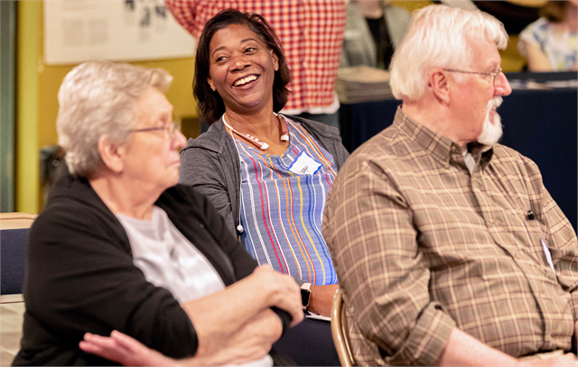 Guests enjoy a laugh during a discussion at the Wisconsin Historical Society's "Share Your Voice" new museum multicultural listening session June 19, 2019 at the Beloit Historical Society.