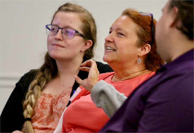 Lisa Pauly Lefeber (center) shares her thoughts as Vanessa VanderWeele (left) and Daniel Degner listen during the "Share Your Voice" new museum listening session June 25, 2019 in Fond du Lac.