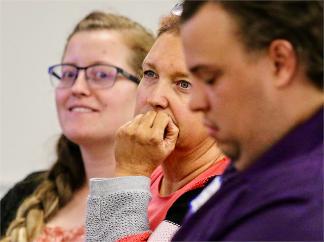 Lisa Pauly Lefeber (center) listens intently with Vanessa VanderWeele (left) and Daniel Degner during the "Share Your Voice" new museum session June 25, 2019 in Fond du Lac.