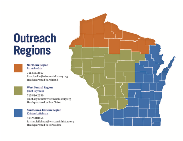 Map of three service regions for Local History Outreach with contact information