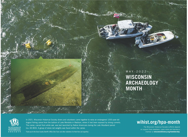 A color photo of two diving boats in Lake Mendota with crew working to recover a historic canoe with an inset photo of the historic canoe underwater.