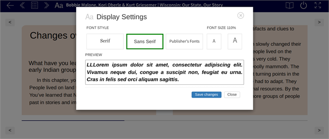 Screenshot of digital textbook showing a window to choose the style and font size.