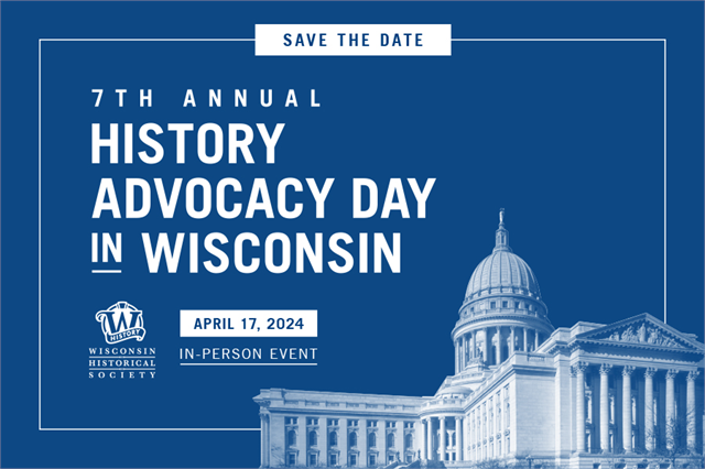 Web banner for 7th annual History Day in Wisconsin with white text and image of State Capitol building on blue background