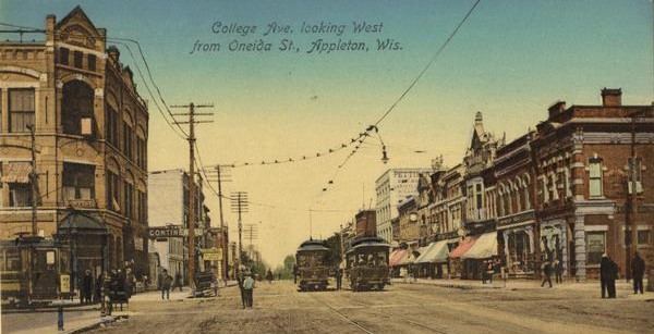 Postcard of view down College Avenue. Caption reads: "College Ave. looking West from Oneida St., Appleton, Wis."