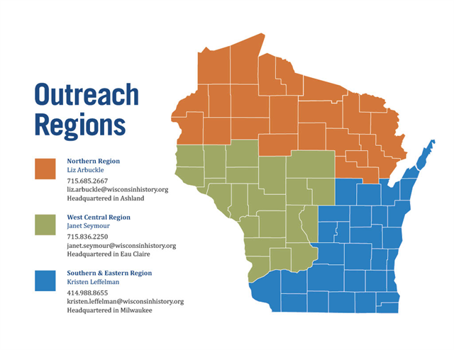 Map of Wisconsin with three outreach regions, Northern, West Central, Southern & Eastern